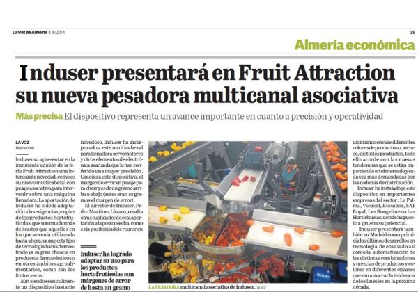 INDUSER EXPONDRÁ EN FRUIT ATTRACION 2014 SU NUEVA PESADORA MULTICABEZAL ASOCIATIVA